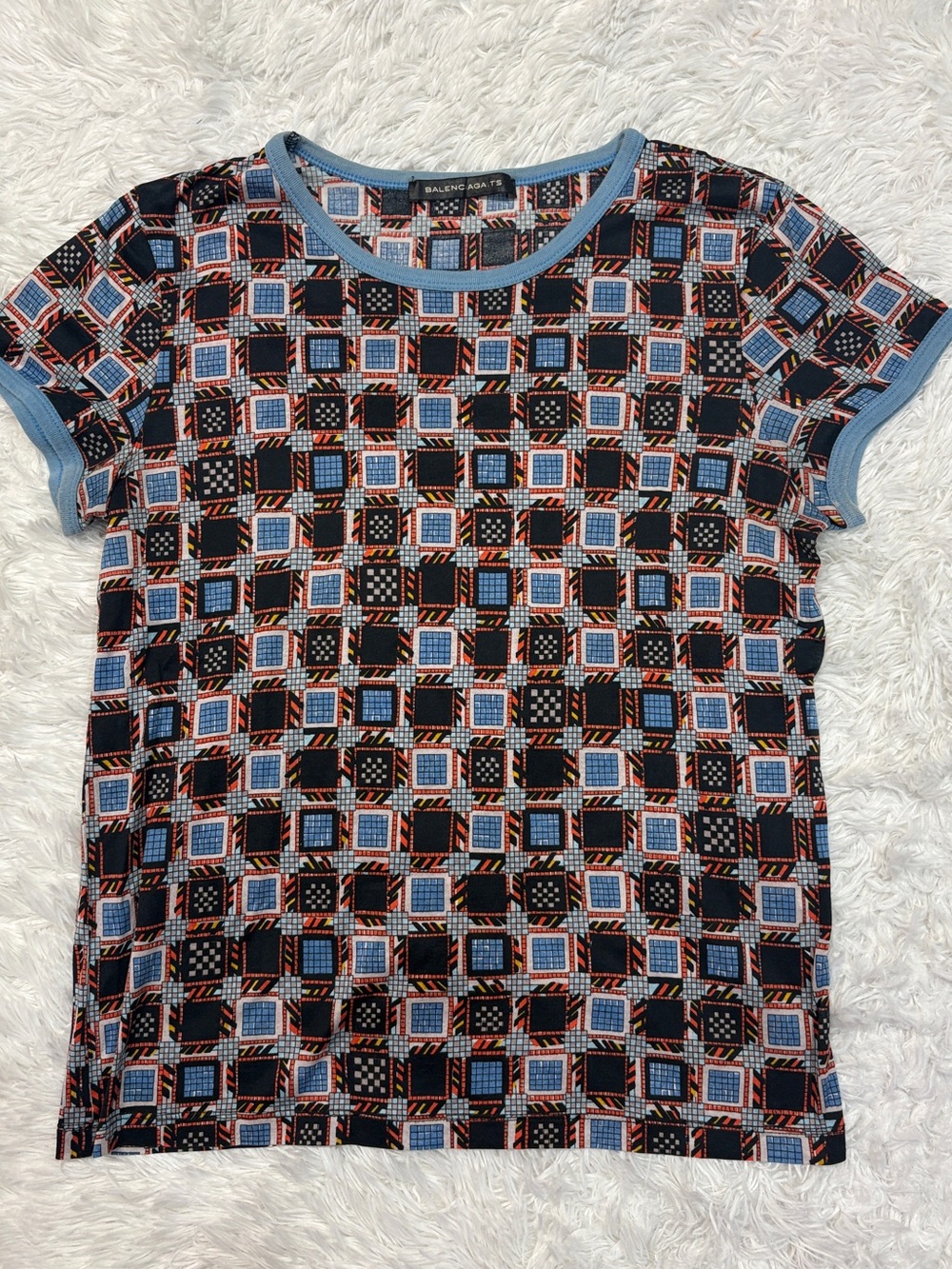 Balenciaga Short Sleeve Geometric Print Tee in Black and Light Blue